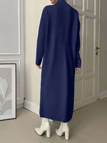 EURMUSE 优雅超大落肩高领纽扣连衣长裙 - 藏蓝色 - 查看 2