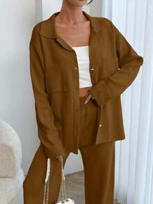 EURMUSE Women Solid Color Collar Neck Front Button Pocket Detailed Pullover & Sweater Pants Set,Petite,Winter Clothes - Brown - View 2
