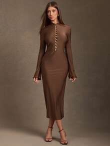 L'Amorae Women Long Knit Dress With Keyhole Button Detail And Dramatic Open Back - Brown - View 1