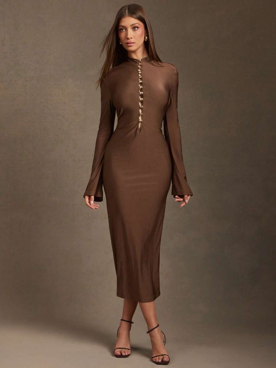 L'Amorae Women Long Knit Dress With Keyhole Button Detail And Dramatic Open Back - Brown - View 1