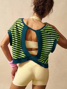 VARSIVA Áo thun thể thao tay ngắn cổ tròn hở lưng họa tiết sọc mùa hè - Nhiều màu - Xem 5