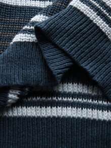 Manfinity Homme Áo khoác cardigan nam dáng dài cổ kéo khóa nửa thân, phối sọc tương phản, thích hợp mặc đi làm, mùa thu/đông. Áo len nam cổ kéo khóa nửa thân, áo polo nam dệt kim kẻ sọc. - Màu xanh lam - Xem 7