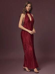 L'Amorae Women's Solid Color High Slit Sleeveless Dress - Burgundy - View 3