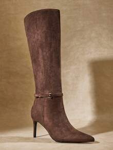 SHUZIA Women's Fashionable Comfortable Sexy Point Toe Ankle Strap Stiletto Heel Knee-High Boots With Inner Zipper - Chocolate Brown - View 2