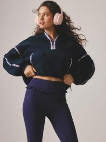 Aralina 休闲服秋冬半拉链花卉印花蓬松羊毛夹克，带内部拉绳，健身房锻炼舒适机场服装 - 寶藍色 - 查看 8