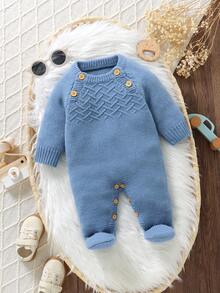 SHEIN Pelele azul de punto recién nacido con calcetines, de manga larga, estilo minimalista casual, conjunto diario para bebé
