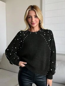 EURMUSE 女款仿珍珠纹理圆领宽松休闲长袖毛衣 - 黑色 - 查看 3