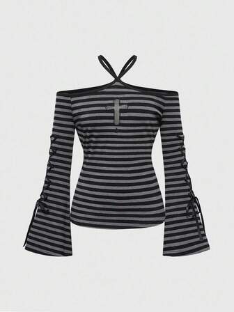 ROMWE Avant Maglietta casual da donna a maniche lunghe con ricamo a croce, scollo a rete e maniche a zampa d'elefante, versatile anche per Ognissanti