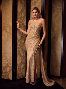 MOTF Soiréza VESTIDO CÓCTEL TUBO CON ABERTURA LATERAL DE LENTEJUELAS - Dorado - Ver 6