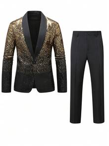 Manfinity AFTRDRK Conjunto de chaqueta y pantalones de hombre con solapa de lámina de oro de manga larga