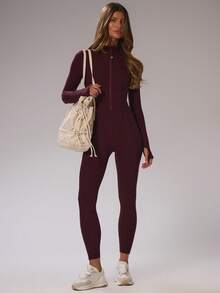 Musera Sport Sport Brushed Fitted Zip Through Long Sleeve Jumpsuit Autumn Fall  Active Sport Gym Workout Lounge Yoga Pilates Fitness Daily Casual - Burgundy - View 5