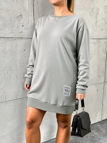 SHEIN Cottnline Vestido Casual De Talla Grande Con Detalle De Parche Y Corte En Línea A - Gris Claro - Ver 3