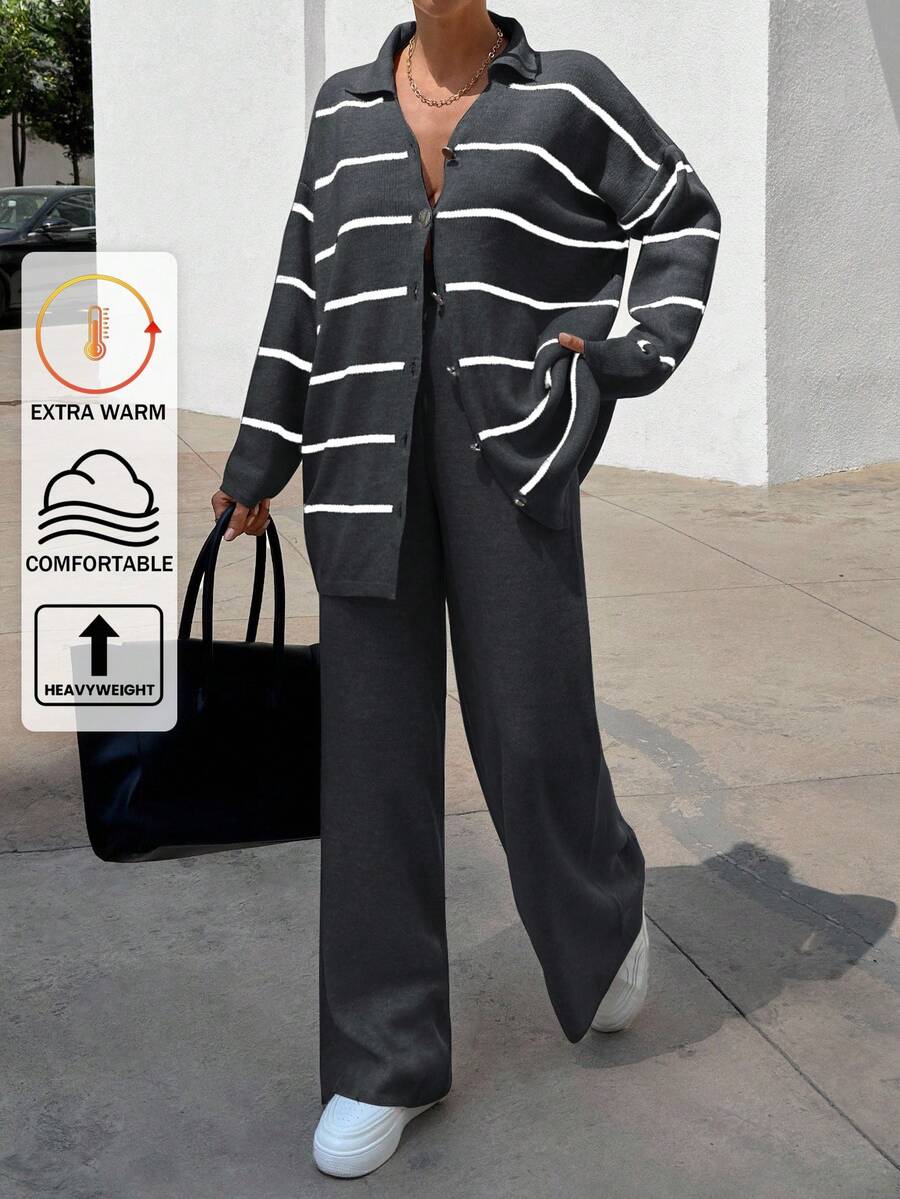EURMUSE Women Striped Sweater Cardigan And Pant Set,Co Ord,Winter Clothes - Dark Grey - View 1