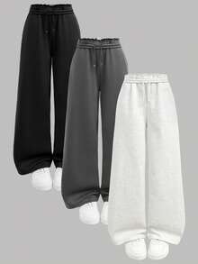 SHEIN 3 件套青少年女孩休闲运动裤，黑色和灰色，低腰松紧腰带宽松阔腿慢跑裤