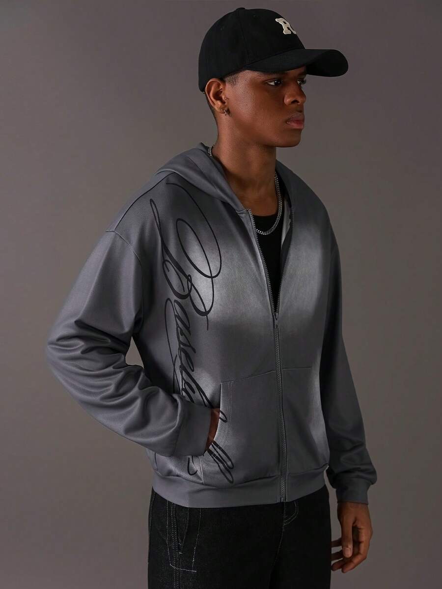 STYNVO Men's Casual Letter Print Zip Up Hoodie Sweatshirt, Autumn Street Wear Grey Hoodie, Long Sleeve Top - Grey - View 1