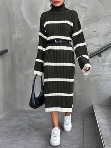 EURMUSE Women Frenchy Black And White Striped Turtle Neck Knit Dress,Petite - Dark Grey - View 3
