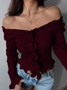 Flirla 白色波浪荷叶边休闲修身女式针织上衣 - 酒紅色 - 查看 3
