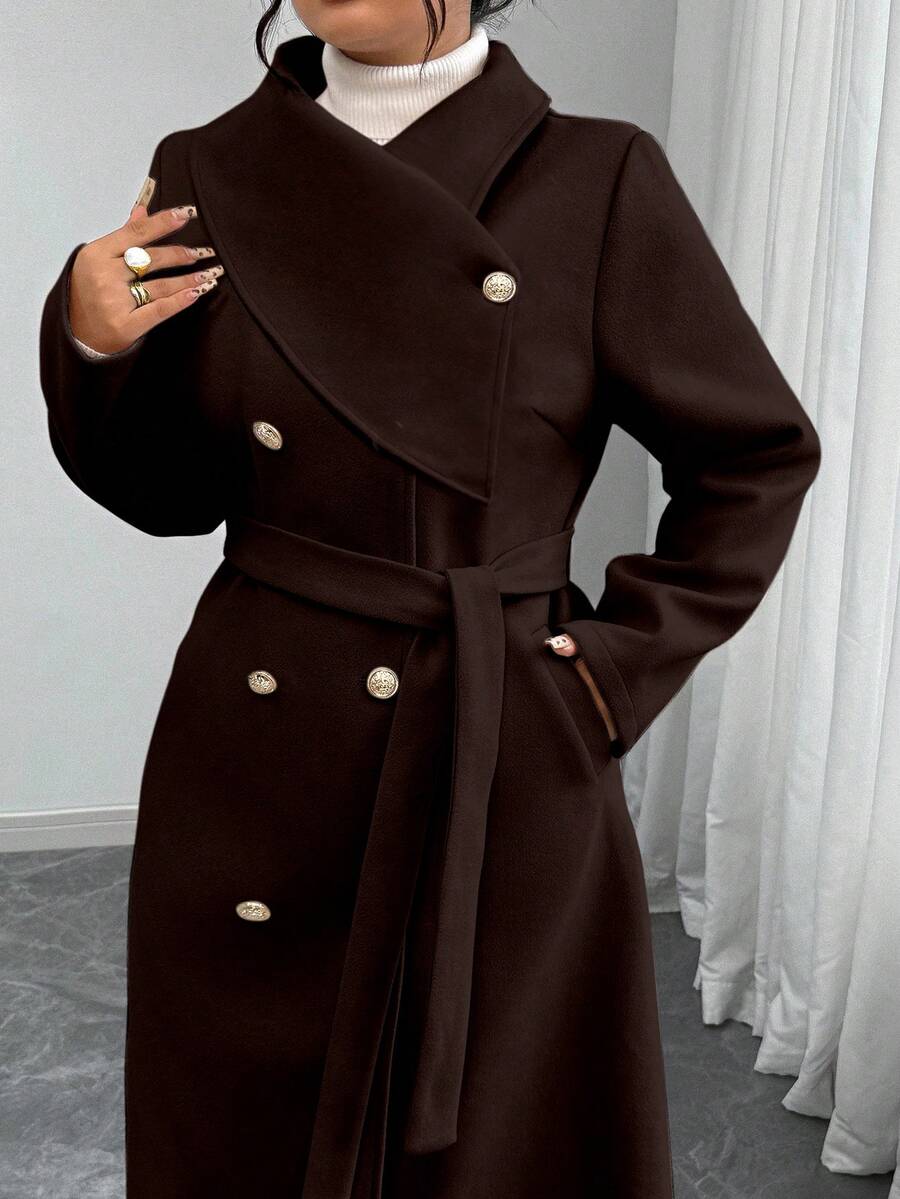 Elenzga Plus Size Women's Solid Color Tie Waist Double-Breasted Long Sleeve Elegant Romantic Long Overcoat, Winter - Brown - View 1