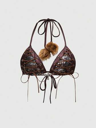 Hippie Women's Y2K Sexy Halter Fuzzy Bikini Top