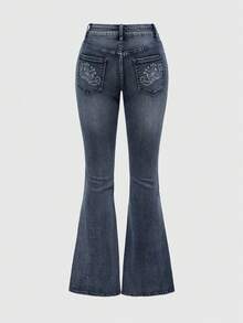 ROMWE J-Fashion Quần jean cạp trễ in họa tiết cổ điển Y2K dành cho nữ - Màu xanh lam - Xem 2