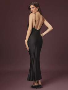 L'Amorae Women Drape Front Cowl Halter Mermaid Dress With Trim - Black - View 2