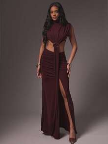 Hauture Sexy Mock Neck Front Drape Maxi Mesh Dress – Gold Ring Detail Party & Night Out Dress - Red Violet - View 1