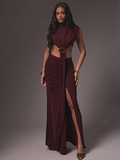 Hauture Sexy Mock Neck Front Drape Maxi Mesh Dress – Gold Ring Detail Party & Night Out Dress