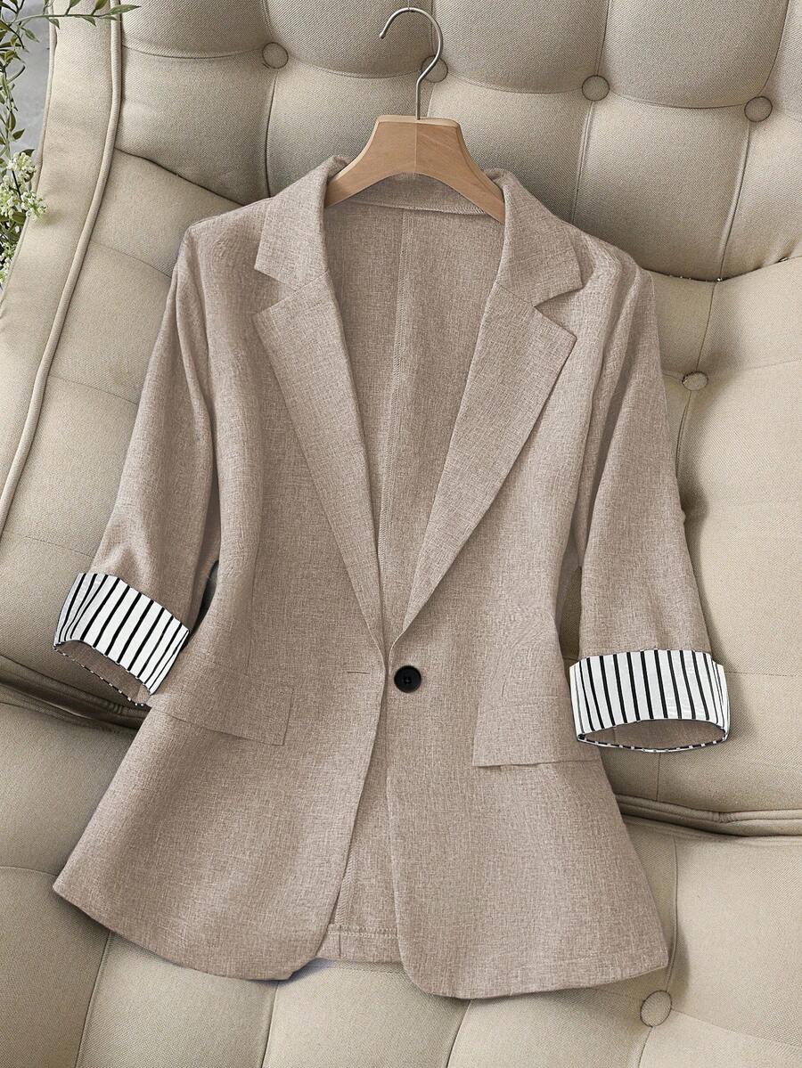 Franclia Fashionable Casual/Office Commute Lapel Neck Stripe Splice Single-Button Fitted 3/4 Sleeve Women Jacket, High-End Navy Blue, Spring/Autumn - Khaki - View 1