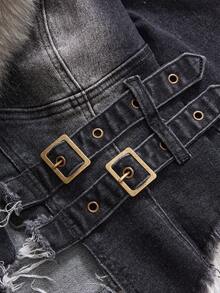 ROMWE Hippie Y2K 毛绒领女式牛仔夹克 - 黑色 - 查看 3