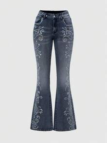 ROMWE J-Fashion Quần jean cạp trễ in họa tiết cổ điển Y2K dành cho nữ - Màu xanh lam - Xem 1