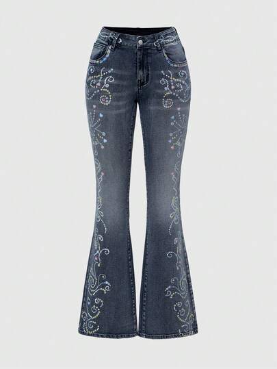 J-Fashion جينز ذو خصر منخفض بطباعة عتيقة رجعية Y2K للنساء