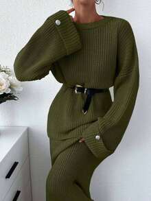 EURMUSE 女士纯色厚实毛衣和毛衣裙套装 - 軍綠色 - 查看 4