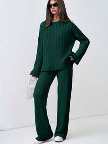 SHEIN Tall Bộ áo len dệt kim vai trễ và quần hai mảnh cho nữ - Màu xanh lá cây đậm - Xem 6