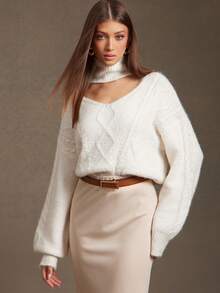 L'Amorae Women Cable Knit Sweater With Front Cut Out Fall - White - View 1