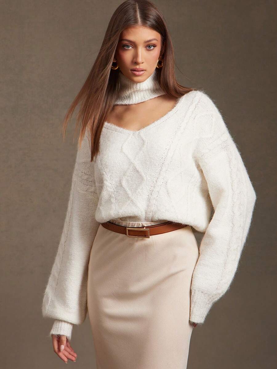 L'Amorae Women Cable Knit Sweater With Front Cut Out Fall - White - View 1