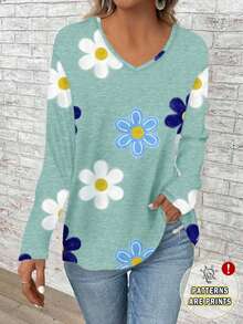 EMERY ROSE Casual Minimalist Daily Commute Versatile Retro Blue-Green Floral Textured Print Pattern V-Neck Dropped Shoulder Loose Long Sleeve Women T-Shirt, Warm And Comfortable For Autumn/Winter New Year Party - Multicolor - View 4