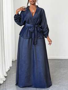 Maweii مجموعة قطعتين للمرأة بحجم كبير - ملابس علوية كم طويل مع تصميم حزام وتنورة متوسطة الطول، كاجوال - أزرق بحري - مشاهدة 4