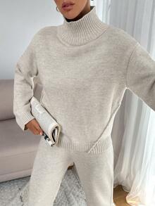 EURMUSE Women Relaxed Fit Turtle-Neck Sweater With Rib Knit Detailed And Straight Knit Pant Set - Beige - View 4
