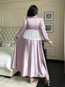Flirla Elegant Contrast Lace Long Dress Bride Purple Gown - Mauve Purple - View 2