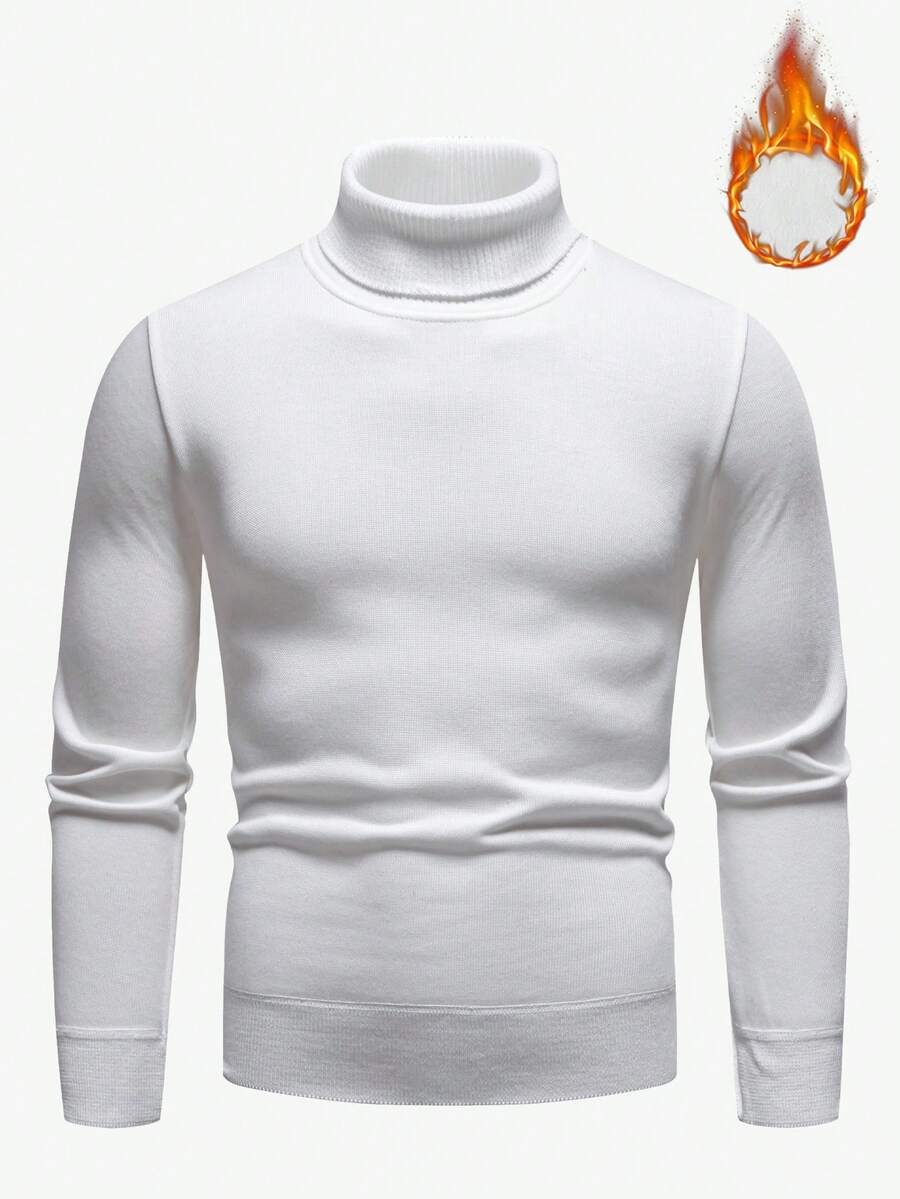 Calvornis Men's Turtleneck Sweater With Thermal Lined, Autumn/Winter, Old Money, Thermal Lined Long Sleeve Top - White - View 1