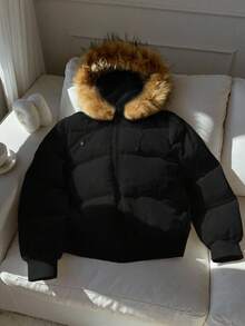 Muchica Women's Faux Fur Patchwork Hooded Zip-Up Long Sleeve Padded Coat Autumn Winter Clothes For Women Black Black Jacket Oversized Jacket Crop Jacket