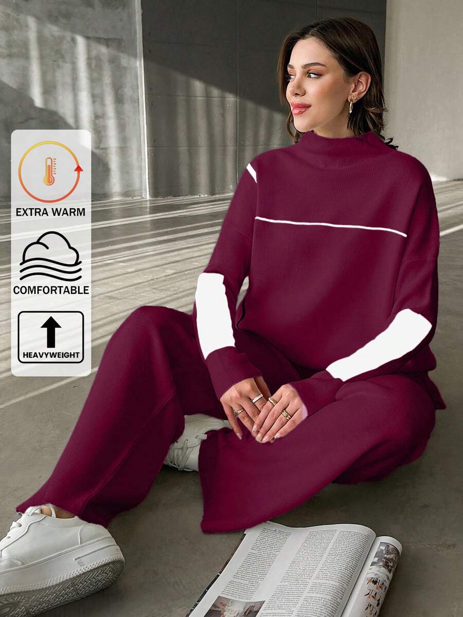 EURMUSE Women's Contrast Color Stand Collar Long Sleeve Sweater And Knitted Pants Casual 2 Pieces Set - Burgundy - View 1