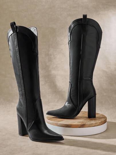 SHUZIA Botas altas de estilo western con tacón de bloque y punta afilada para mujer