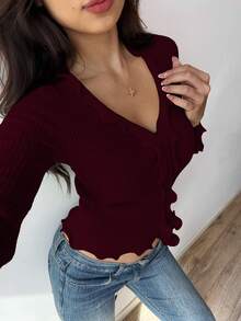 Flirla 白色波浪荷叶边休闲修身女式针织上衣 - 酒紅色 - 查看 6