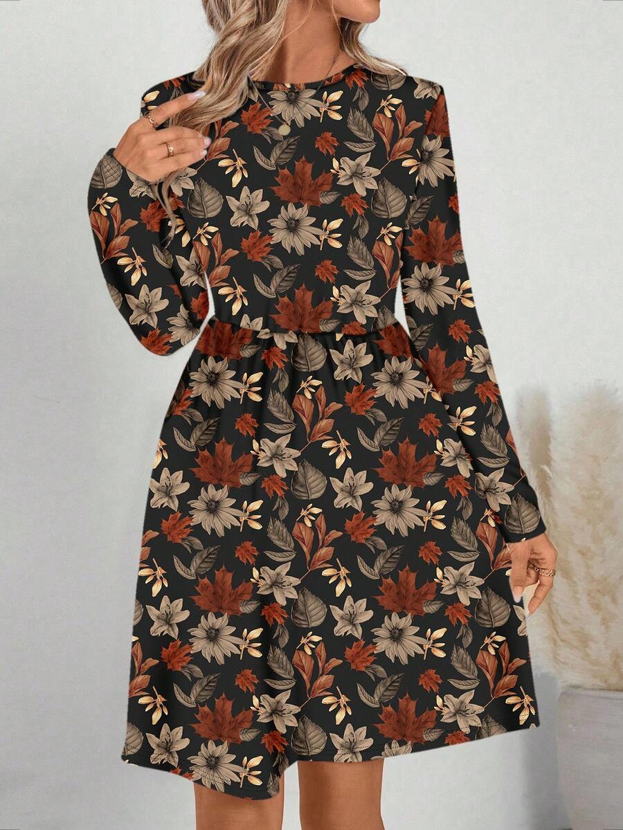 EMERY ROSE 休闲优雅秋季色调红棕色落叶全印花大码女式连衣裙,适合秋冬季 - 彩色 - 查看 1