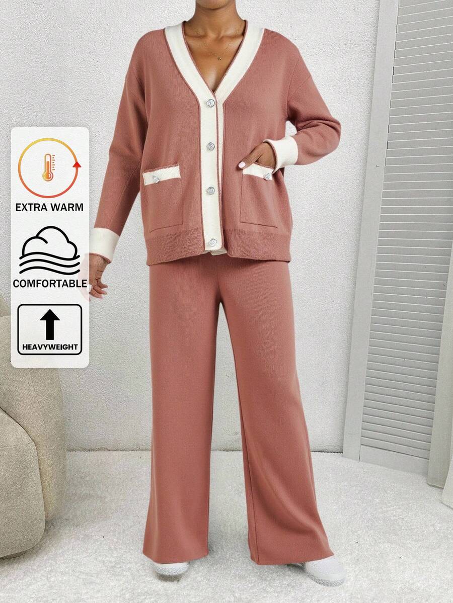 EURMUSE Ladies' Two Pieces Set Of Colorblock Cardigan With Rolled Edge And Drop Shoulder & Pants With Button Fly,Petite,Winter Clothes - Dusty Pink - View 1
