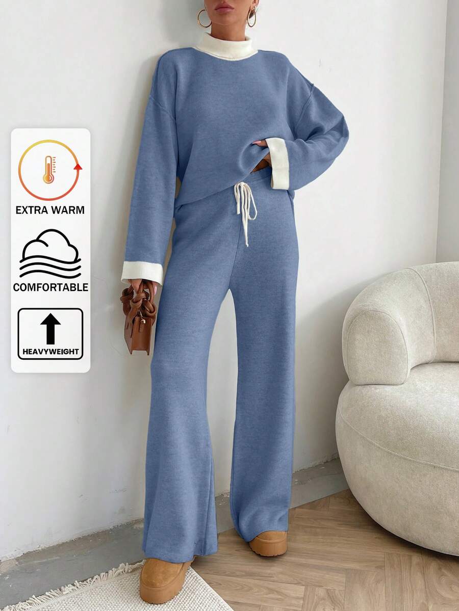 EURMUSE WOMEN HİGH NECK SOFT TOUCH SWEATERAND PANT Two Pieces OUTFİT CO-ORDS,Loungewear Set,Petite,Winter Clothes - Baby Blue - View 1