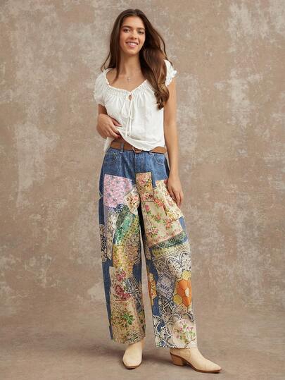 WESTFADE Mid Rise Patchwork Printed Loose Barrel Leg Cropped 100% Cotton Denim Jeans – Vintage Cottagecore Wide Leg Jeans, Cute Relaxed Fit, Colorful Boho Statement Pants, Farmhouse Western Chic Festival Hipster Mom Jeans, Spring Summer Fall Casual Country Wear, Unique Gift, Midwest Fashion For Women