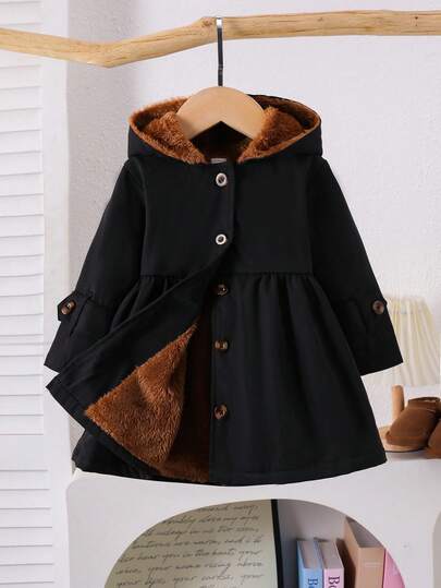 SHEIN Playful Pals Chaqueta con capucha de manga larga de color caqui, forrada de peluche, para niñas pequeñas, de moda y versátil para otoño/invierno