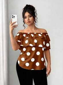 Elenzga Blusa de hombros descubiertos con volantes en capas y estampado de lunares clásico para mujer de talla grande - Marrón - Ver 6